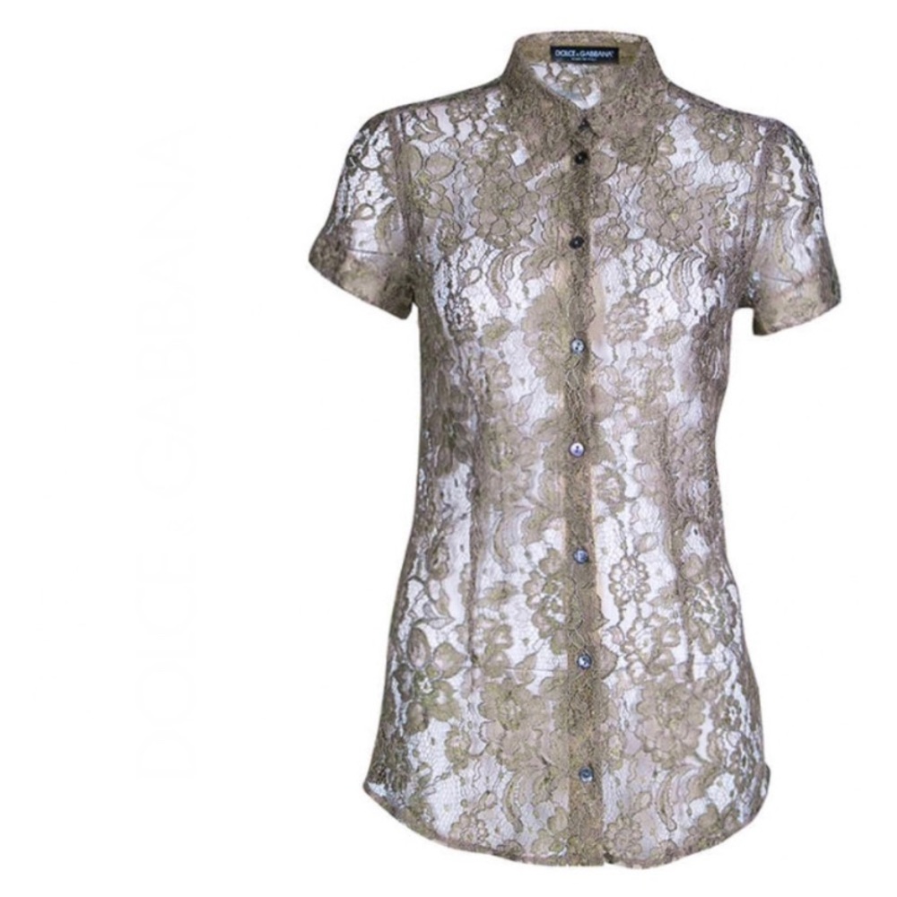 DOLCE & GABBANA taupe/khaki lace short sleeve button down top sz small like new